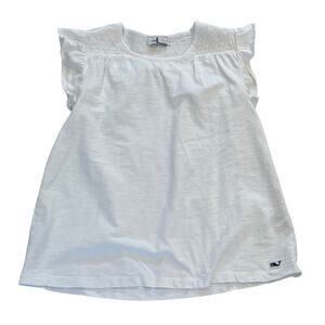Vineyard Vines Girls White Cotton Ruffle Sleeve Top, Ruched Detail, Size 10-12